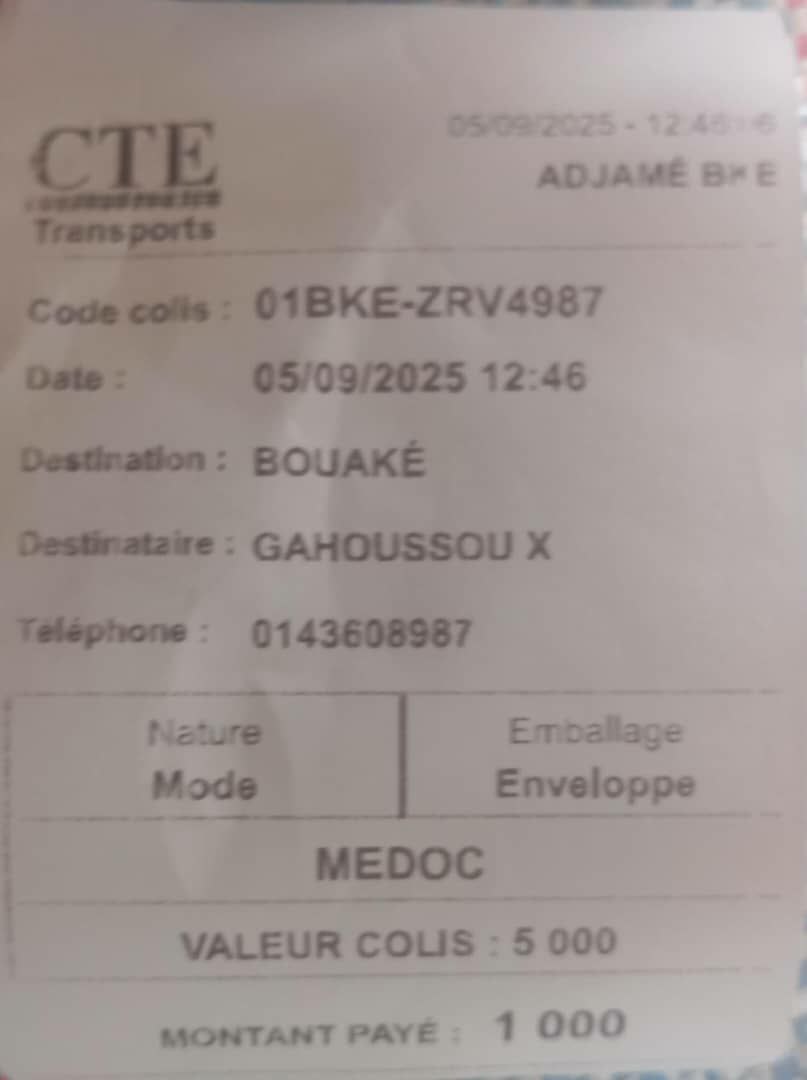 Client Bouaké - Preuve de livraison