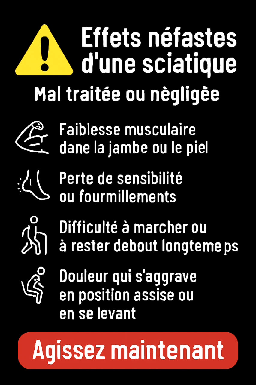 Image montrant l'impact négatif de la douleur sciatique sur la vie quotidienne (insomnie, difficulté à marcher)